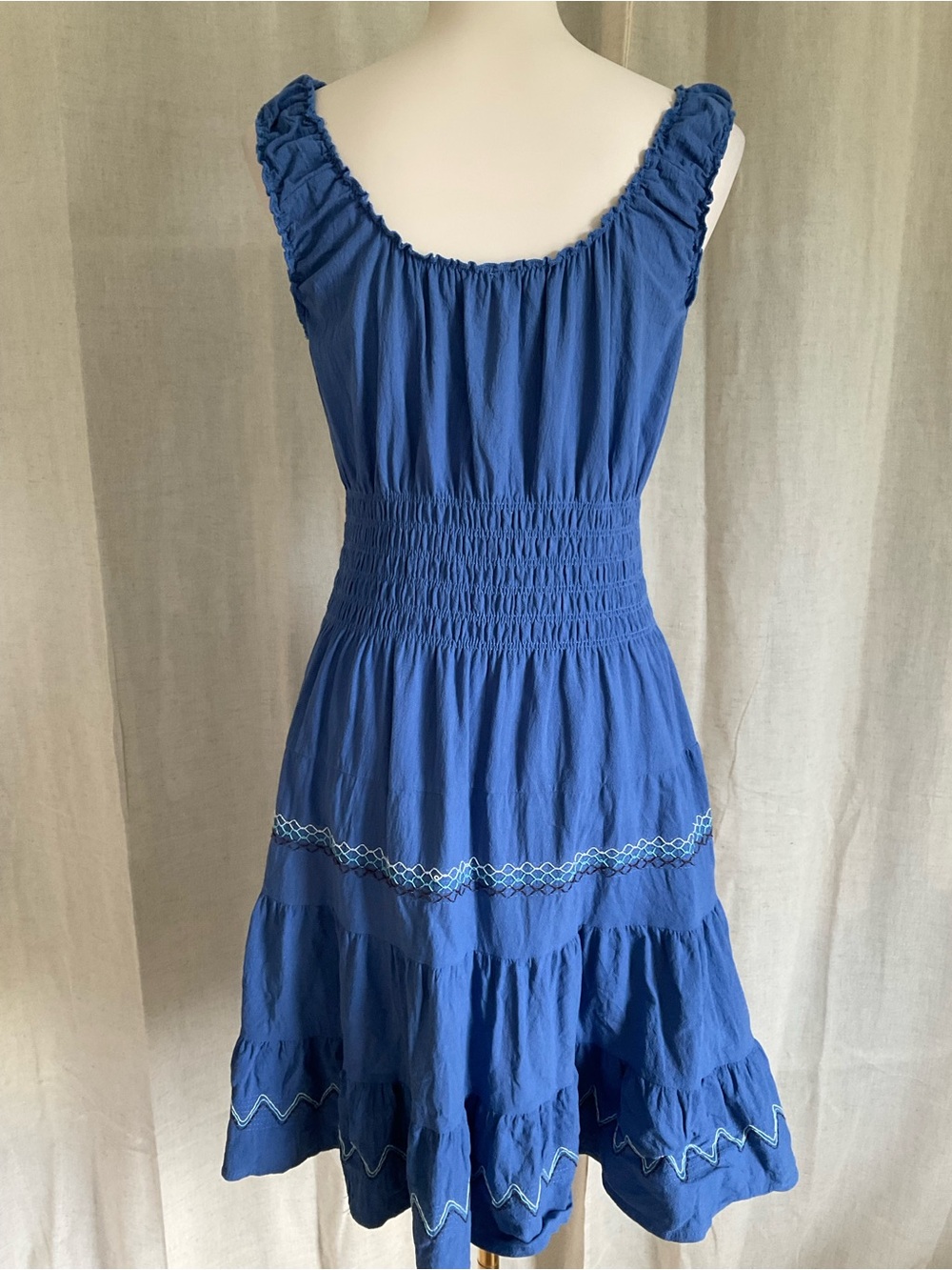 Lapis Anthropologie Blue Cotton Linen Smocked Tiered Dress Size L Cottagecore - Picture 2 of 5
